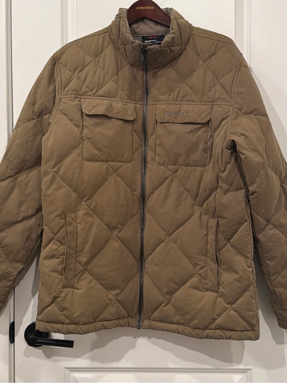 💥Marmot Down Jacket Mens XL 600 Fill ArmyGreen Quilted Insulated FullZip Puffer